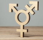 Symbol of transgender from tree on wooden table.